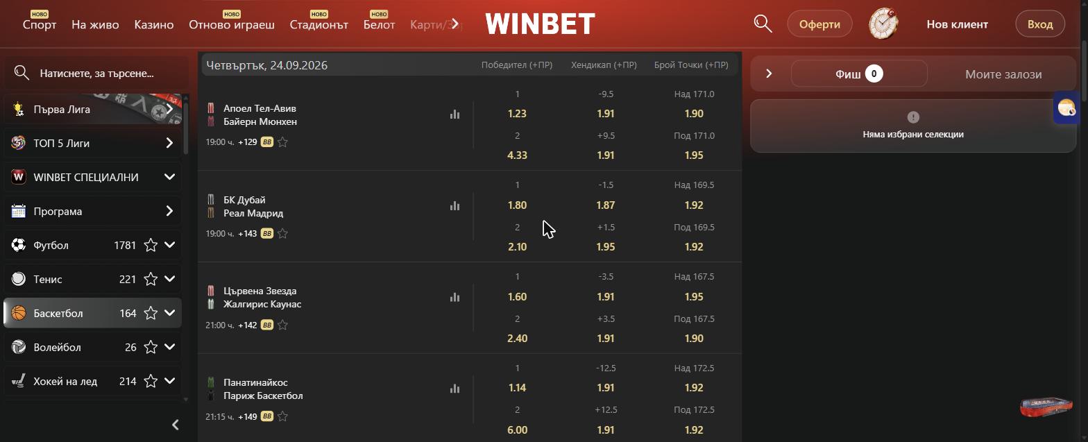 Коефициенти на Winbet за първия кръг от Евролигата, измерени на 18 септември 2026