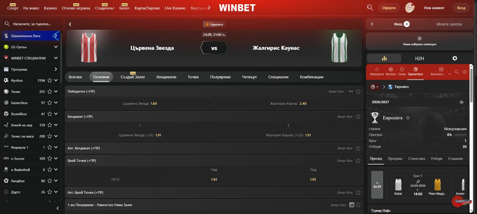 Основните пазари на Winbet за мач от Евролига