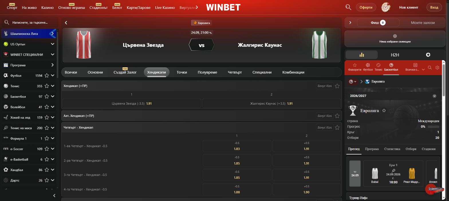 Хендикапи и хендикапи по четвърти на WINBET за баскетболен мач