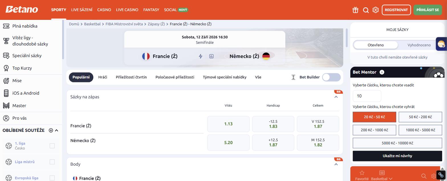 Hlavní trhy Betana na zápas Francie - Německo
