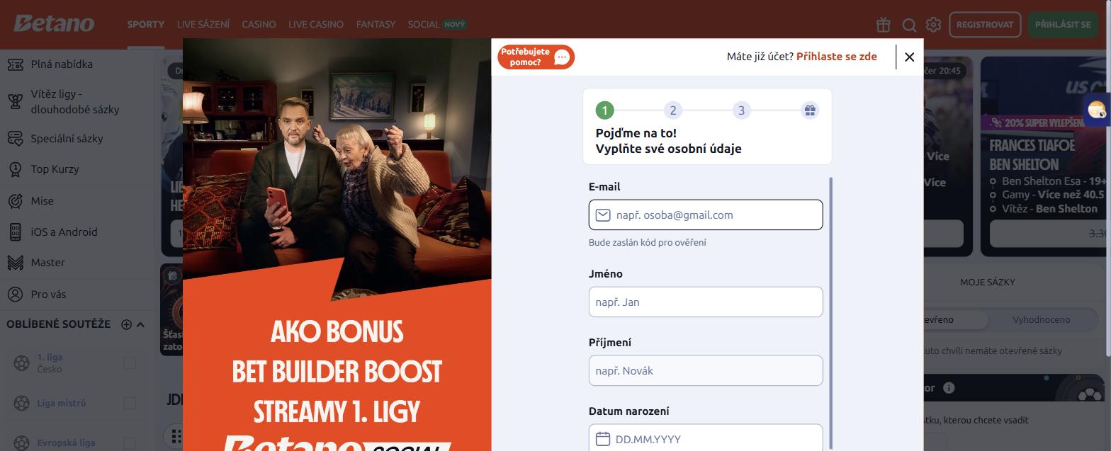 První krok registrace v Betanu