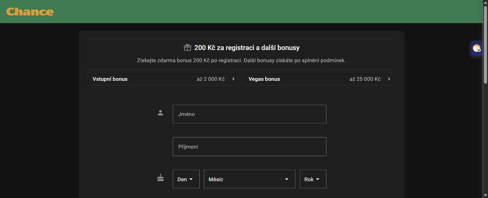 Bonusy v registraci Chance