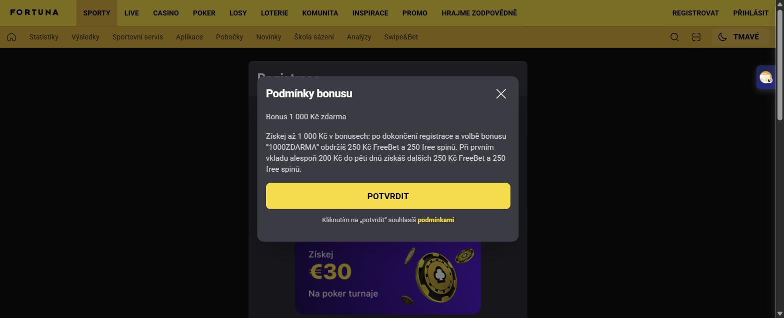 Podmínky bonusu 1000ZDARMA ve Fortuně