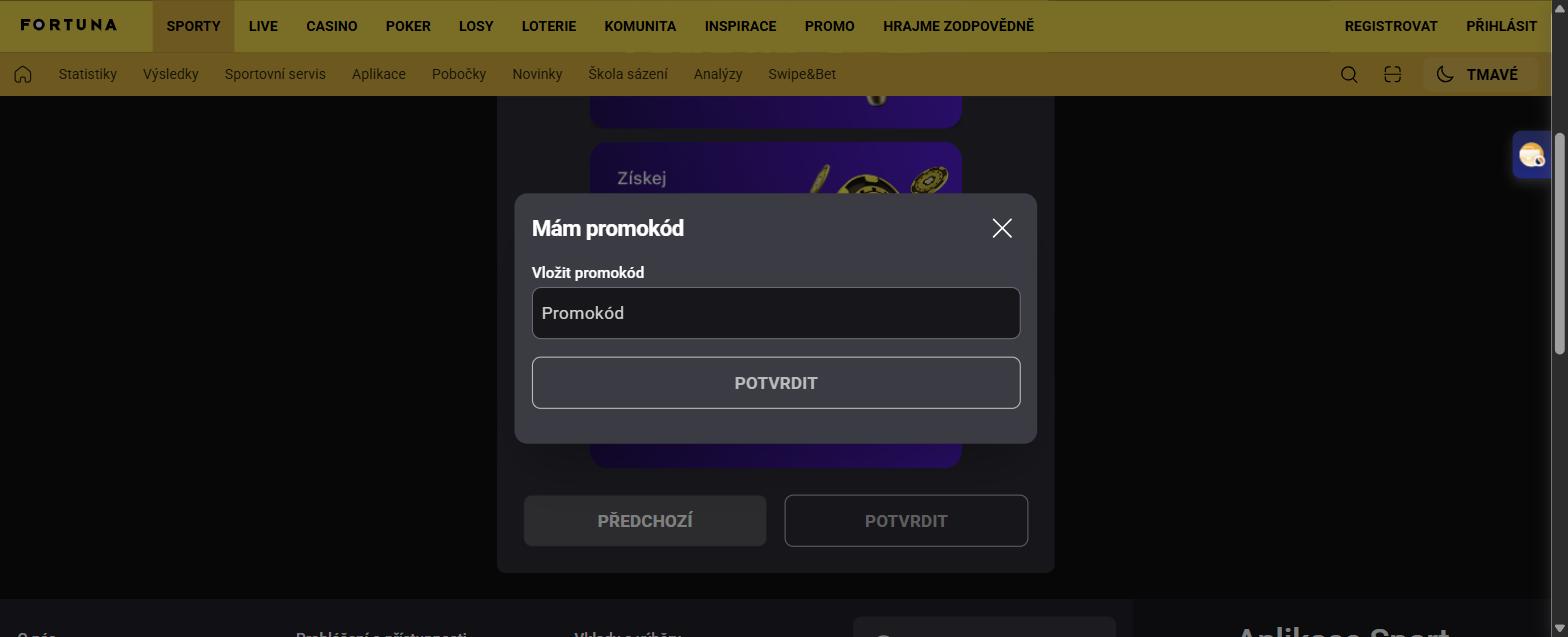 Pole pro promokód v registraci Fortuny