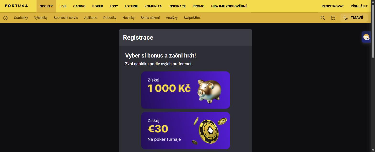 Výběr uvítacího bonusu v registraci Fortuny