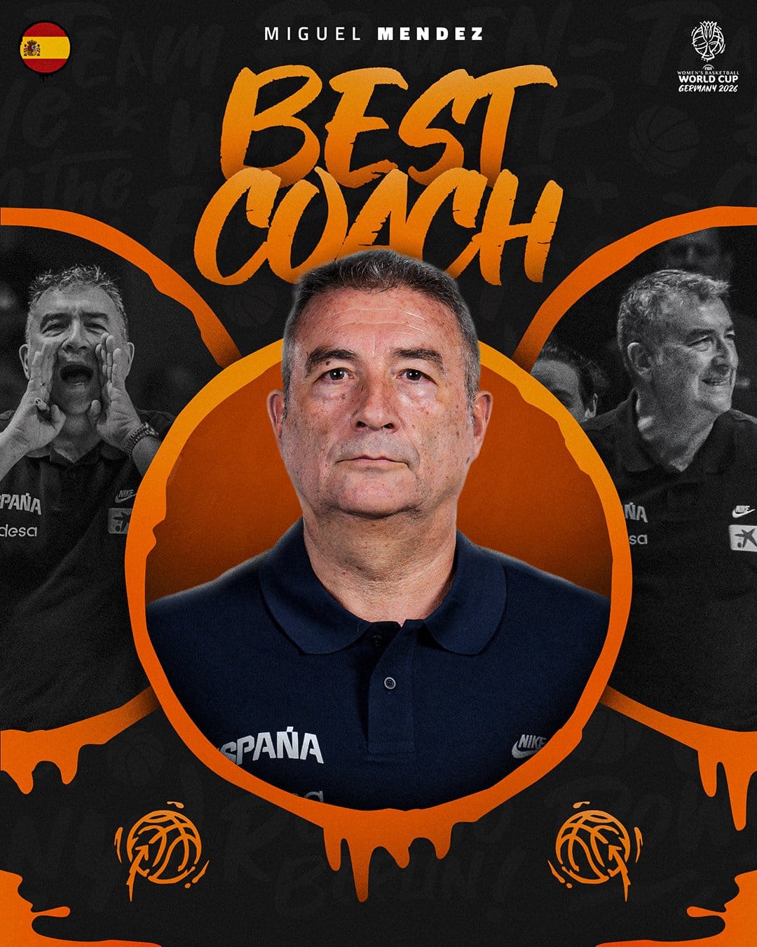 Miguel Méndez, nejlepší trenér mistrovství světa žen 2026, grafika FIBA.