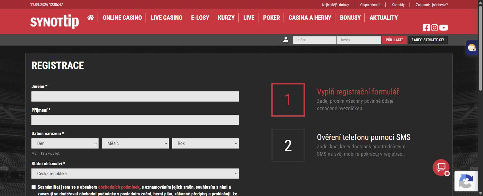 První krok registrace SynotTipu