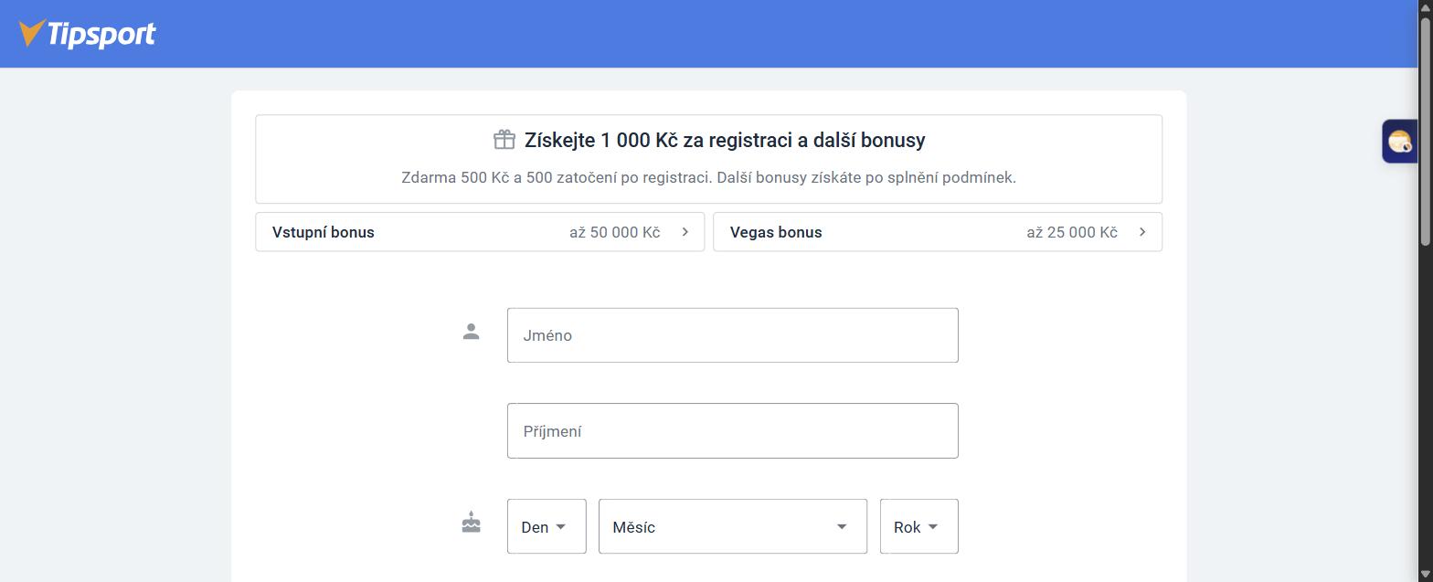 Registrační formulář Tipsportu s nabídkou bonusů